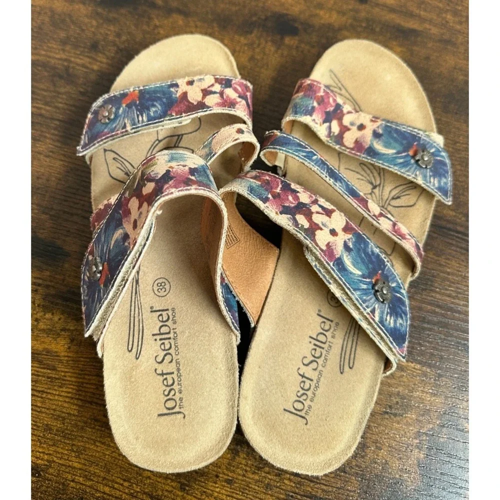Josef Seibel Tonga 54 Floral Slide Sandals Blue Red Tan Cork Boho Size 38 7 -7.5 - Picture 10 of 12